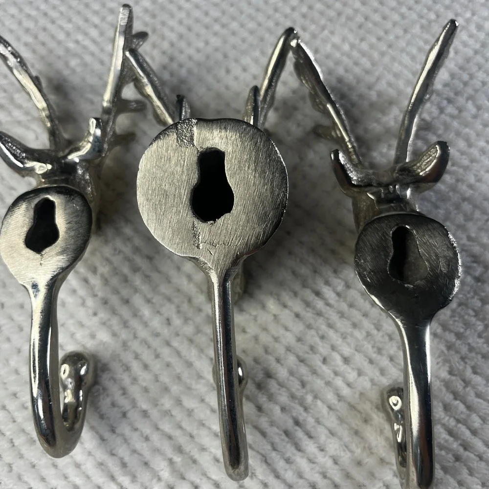 Silver‎ Metal Stag Head Wall Hooks Set of 3 Deer Antler Rustic Lodge Decor